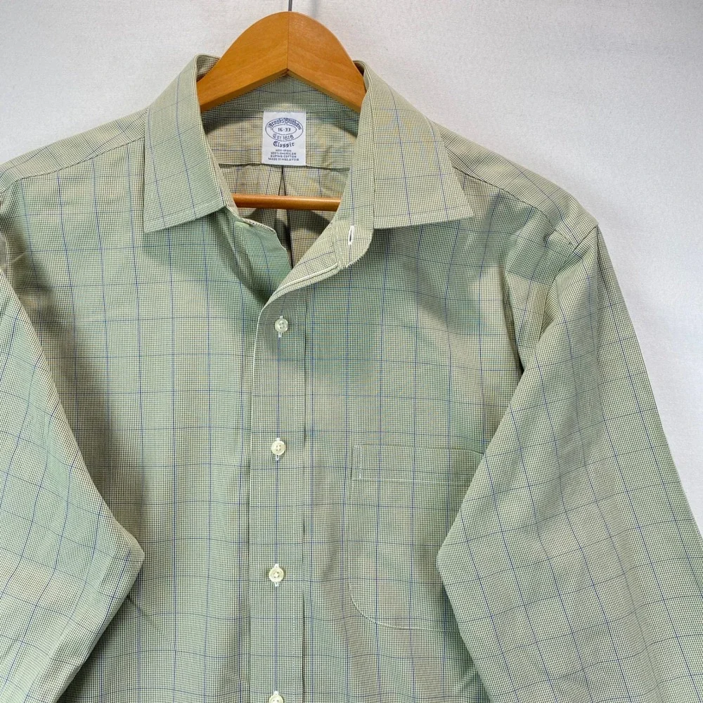 Brooks Brothers Classic Non-Iron Shirt Men 16-33 Olive Green Supima Cotton Plaid